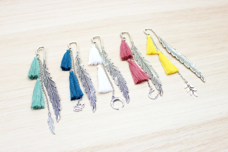 Customizable Jewelry Bookmark Feather and Pompoms Flower Horn Half Moon