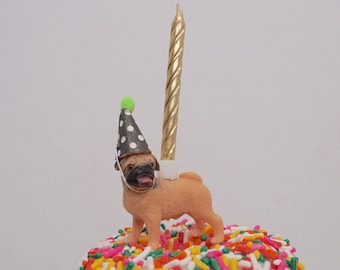 dog cupcake topper, dog candle holder, cake decoration, pug dog, party supplies, first birthday, puppy party, cupcake topper, pug theme