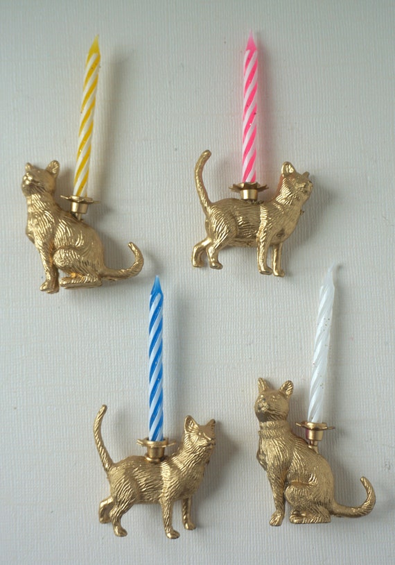 De Gateau Chat Porte Bougie Chat Fete Kitty Chat Dore Etsy