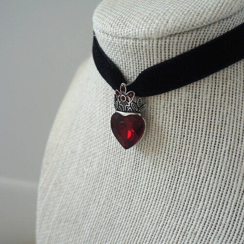 Black Velvet Choker With Red Heart Pendant – Gothic Punk Resin Necklace – 14in