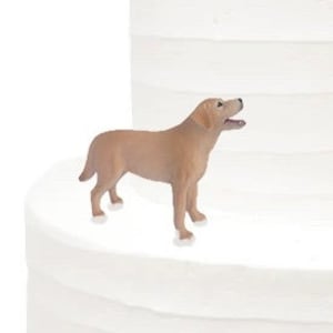May include: A light brown labrador retriever dog cake topper. The dog is standing on all four paws with its head turned to the right. The dog is made of plastic and is about 4 inches tall.