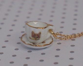 cat tea cup necklace, tea cup necklace, cat necklace, cat lover gift, tea lover, cat gift, cat tea necklace, cat christmas, cat tea cup