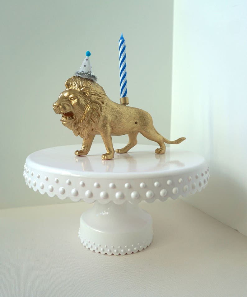 Lion cake topper, lion candle holder, cake decoration, gold lion, party supplies, first birthday, circus party, birthday cake topper image 1