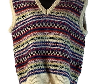 Chaleco de punto Fair Isle tejido a mano de MICHAEL ROSS, talla L (42), 100% lana, Inglaterra.