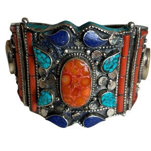 Vtg Tibetan Bangle Turquoise Coral Stone Bracelet Silver Tone Chunky Statement