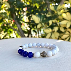 Deep Blue Agate Howlite Smokey Quartz Meditation Wrist Mala Beaded Bracelet Summer Gift