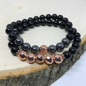 Grounding Protection Energy Black Onyx Silver Rosegold Hematite 8mm Beaded Bracelet Yoga Meditation Wrist Mala Unisex  Gift Summer