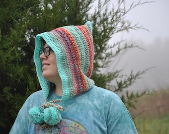 Crochet Hood, Ear Flap Hat, Adult Bonnet, Pixie Fairy Elf Hood, Cottage Core Bonnet,  Boho Hippie Hood, Festival Hood, Winter Hood
