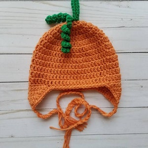 May include: A bright orange crocheted hat featuring a textured pumpkin-like design with a green stem and a curly green vine on top. The hat includes ear flaps and two long orange braided ties hanging from the bottom for securing the garment.