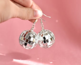 Disco Ball Dangle Earrings, 70s Retro Party, Silver Hook