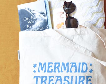 Blue Mermaid Treasure Tote Bag | Add a Customizable phrase for birthdays, bachelorette trips and more