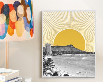 Retro Waikiki Diamond Head Print: Groovy 70s Surf Art