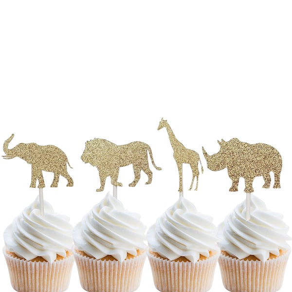 Safari animal cupcake toppers, gold safari animal toppers, animal toppers, lion topper, rhino toppers, giraffe toppers, elephant toppers