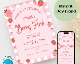 Berry First Invitation, Digital Invitation, Berry First Birthday, Editable Birthday Party Invitation, Berry First Birthday theme
