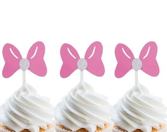 Minnie Bow Toppers! Minnie bow, Minnie theme party, Minnie bow toppers, Minnie mouse party, Minnie bow pink, Minnie bow cupcake toppers