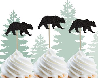 Bear Toppers, Black Bear Cupcake Toppers, Black Bear Glitter Toppers, Forrest theme party, Black Bear theme, Bear Party, Bear Theme
