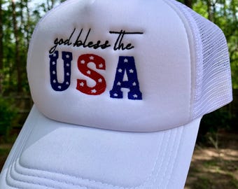 God Bless The USA Trucker Hat, America Trucker Hat, Womens July 4th Hats, 4th of July Hat, Trucker Hat, Embroidered Trucker Hat, 4th of July