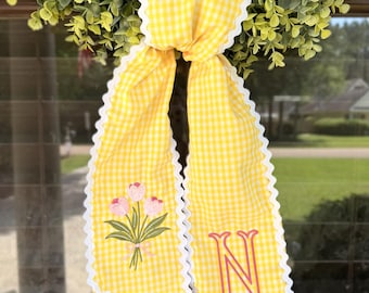 Embroidered Yellow Gingham Wreath Sash with Tulips and Initial – Handmade Door Decor