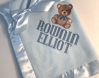 Fleece Baby Blanket with Embroidered Teddy Bear & Name/ Embroidery/ Baby Boy/ Baby Girl/ Embroidery/ Baby Blanket/ Boy Blanket