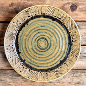 Handmade Stoneware Platter – Large Fluted Serving Dish – Rustic Gold & Blue Spiral – Pottery Centerpiece - 16” x 1.75”