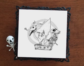 Spooky Dogs Art Print / Dog Wall Art / Halloween Decor / Black and White Artwork / Gothic Home Decor / Dog Portrait Art / Dog Lover Gift