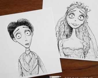 May include: Two black and white pen and ink drawings of characters from the movie "The Corpse Bride". The drawing on the left is of Victor Van Dort, and the drawing on the right is of Emily, the Corpse Bride.