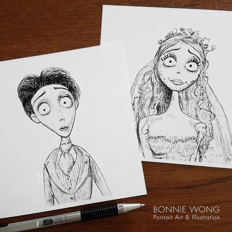 Corpse Bride Art Print / Goth Wall Art / Tim Burton Art / Spooky Halloween Art / Gothic Home Decor / Goth Bride / Wedding Gift / Bridal Gift Both together