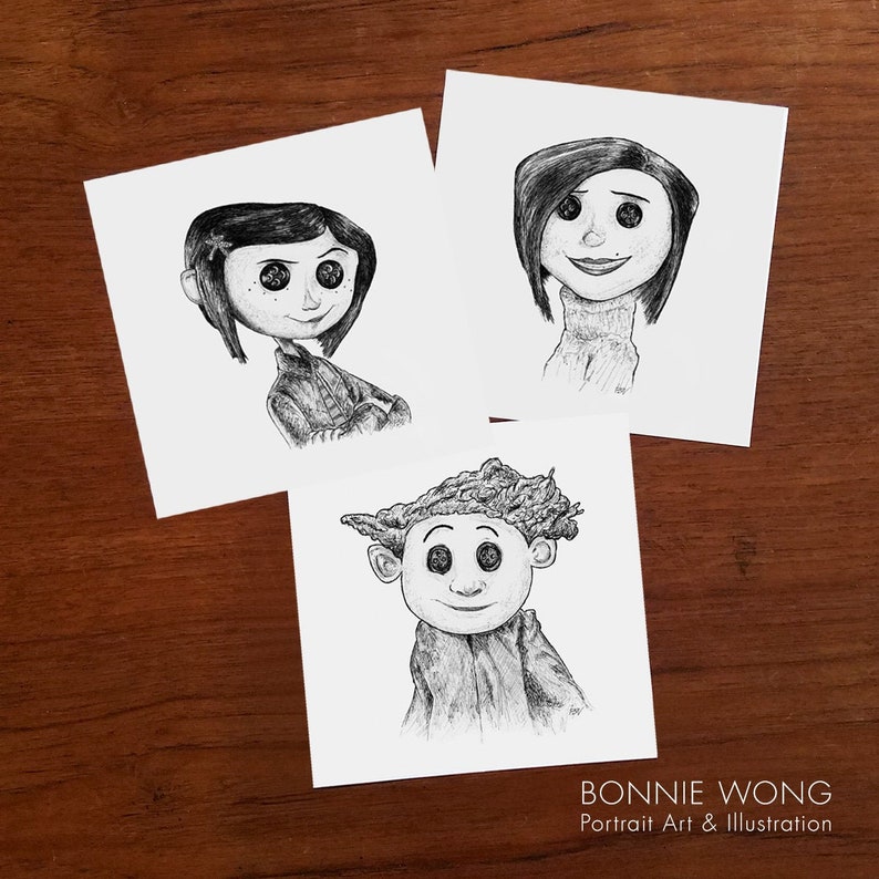 Three separate black & white illustrations made into art prints featuring Coraline, Other Wylie, and the Other Mother. They all have black buttons over their eyes.