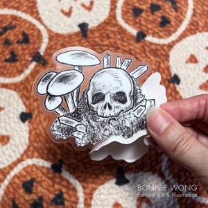 Skull Mushroom Sticker / Cottagecore Waterproof Sticker / Dark Academia Sticker for Water Bottle, Laptop, Journal / Spooky Nature Sticker
