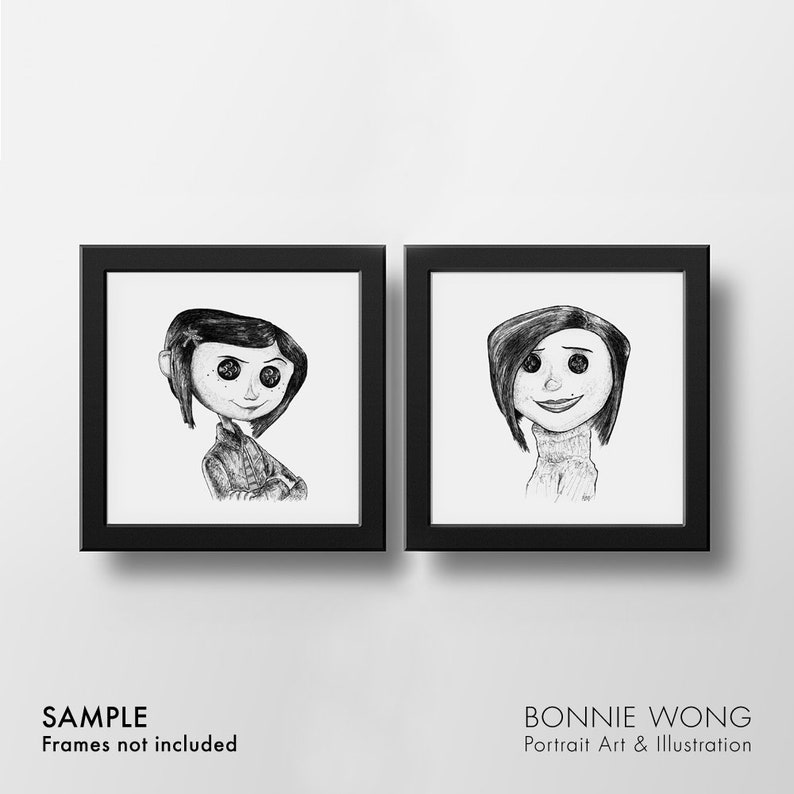 May include: Two black and white framed illustrations of a girl with short black hair and large eyes. The girl on the left is wearing a jacket and has a flower in her hair. The girl on the right is wearing a turtleneck sweater. The text "SAMPLE" is below the left frame and the text "BONNIE WONG Portrait Art & Illustration" is below the right frame.