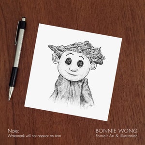 May include: Black and white line drawing of a cartoon character with button eyes and a messy hairstyle. The character is wearing a textured jacket.