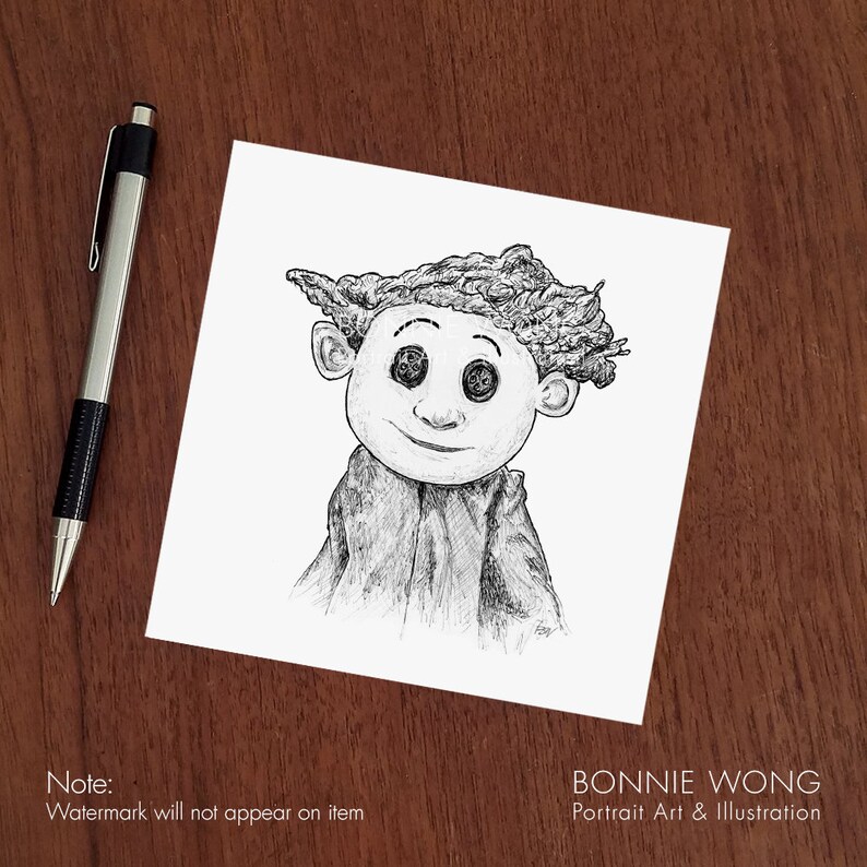 May include: Black and white line drawing of a cartoon character with button eyes and a messy hairstyle. The character is wearing a textured jacket.