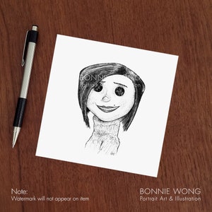 May include: Black and white line drawing of a girl with short hair and a turtleneck sweater. The girl has large eyes and a small smile. The drawing is on a white background.