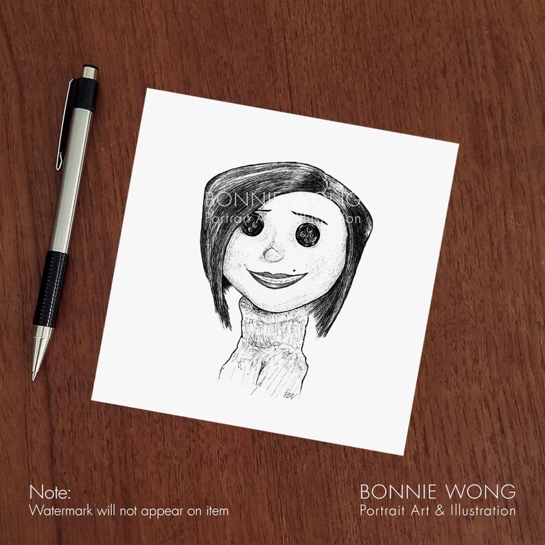 May include: Black and white line drawing of a girl with short hair and a turtleneck sweater. The girl has large eyes and a small smile. The drawing is on a white background.