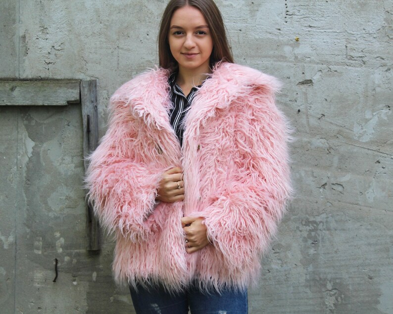 Pink Faux Fur Coat Mongolian Lamb Faux Fur Coat Pink Faux Etsy