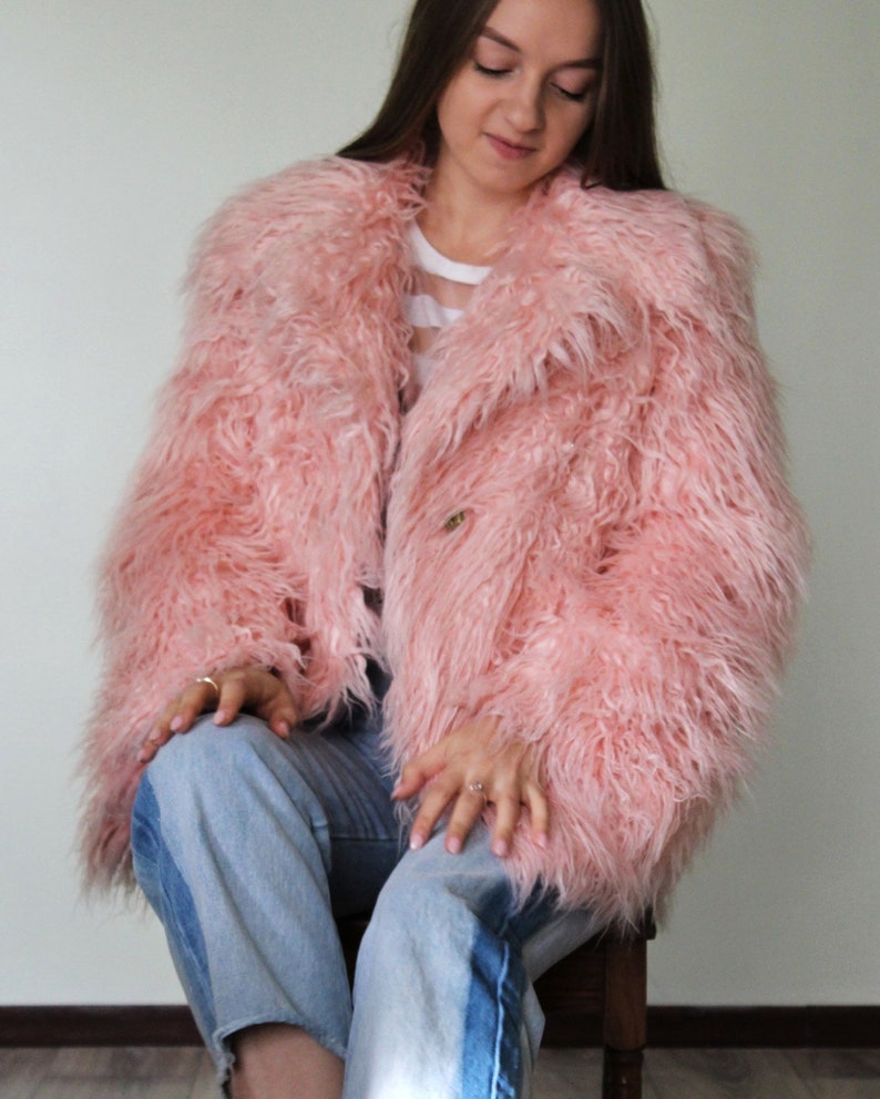 Pink Faux Fur Coat Mongolian Lamb Faux Fur Coat Pink Faux Etsy