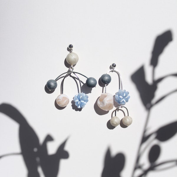 LAST PIECE Mobile Asymmetrical Statement Earrings - Abstract Geometric Shapes Earrings - Wire Mobile Earrings - OTTO Earrings in Blue.