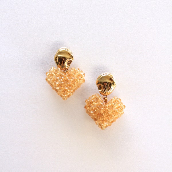 Beaded Heart Earrings in Gold
