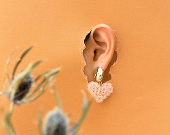 Beaded Heart Earrings in Pink