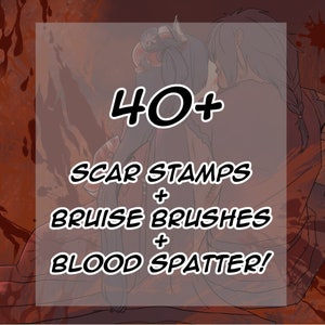 Op de afbeelding: Een digitale illustratie van een stel met een rode en oranje achtergrond. De tekst "40+ SCAR STAMPS + BRUISE BRUSHES + BLOOD SPATTER!" staat in het midden van de afbeelding.
