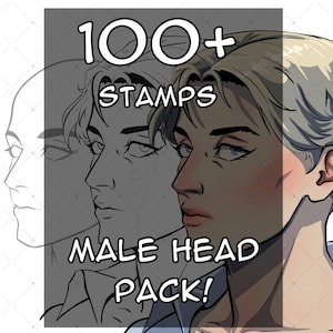 Puede incluir: Ilustración digital de un rostro masculino con piel clara y ojos azules. La imagen incluye el texto "100+ STAMPS MALE HEAD PACK!" en negrita blanca, lo que sugiere una colección de sellos digitales o activos de arte.