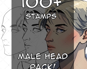 100+ Anime Male Heads Pack für Procreate, CSP! Männliche und weibliche Pinsel, Anatomie, Winkel, Stempel, Pose, Kopfposition einschließlich Schultern