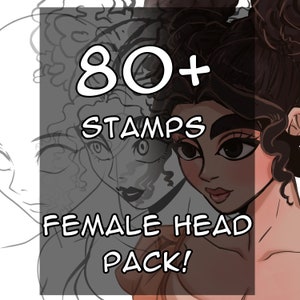 May include: A digital illustration of 80+ female head stamps. The image shows a woman with brown hair and brown eyes. The text "80+ STAMPS FEMALE HEAD PACK!" is in the image.