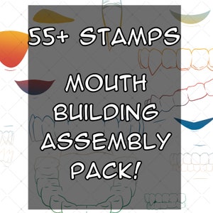 Mais de 50 pacotes de montagem de construção de boca de anime para Procreate e CSP! Carimbos e pincéis para personalizar expressões de boca, dentes, referência, webtoons
