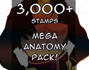 3000 Mega Anatomy Pack anime webtoon anatomie corps tampons et pinceaux angles poses, positions tête, bouche dents torse mains pieds jambes
