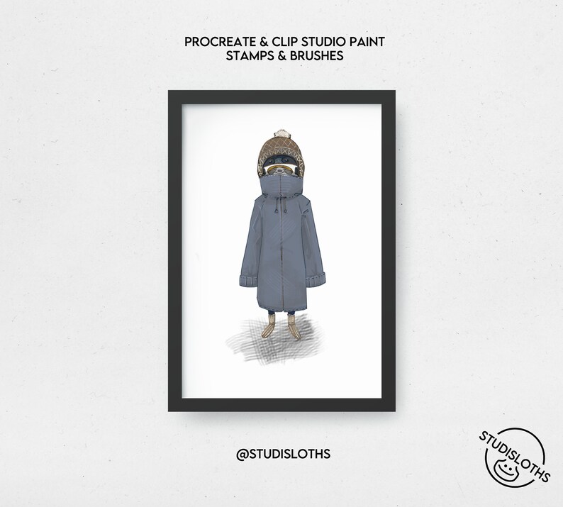 May include: A digital illustration of a cartoon animal wearing a blue coat, a brown hat, and goggles. The illustration is framed in black and has the text "@STUDISLOTHS" below the frame.
