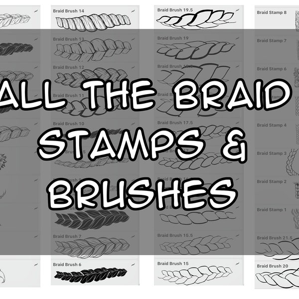 50 + Braid Hair Stamps & Brushes for Procreate, Cartoon Hair, Stamp Brushes, Digital Art Assistance, Hairstyle Stamps