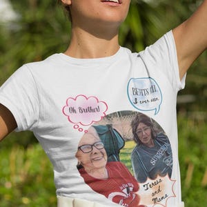 テレサとママの漫画Tシャツ。クリスチャン女性のための面白い信仰に基づいた名言シャツ。