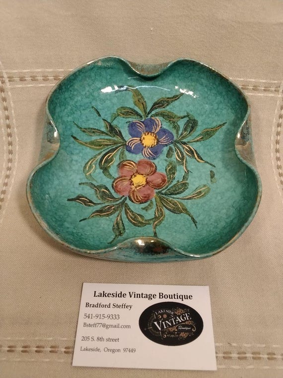 Vintage MCM Ashtray, Teal Speckled Floral Dish, Italy