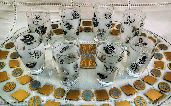 Libby mid century Frosted silver leaf tumblers, high ball, glasses